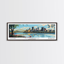 Cargar imagen en el visor de la galería, Pittsburgh Pennsylvania Panoramic Wall Art, Mid Century Modern Framed Canvas Print, Retro Pop Art Travel Poster, City Art, Office Wall Decor, Living Room Art
