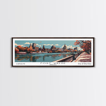 Load image into Gallery viewer, Fort Wayne Indiana Panoramic Painting, Framed Canvas Print, Mid Century Modern Wall Art, Retro Pop Art Travel Poster, Office Decor, City Art
