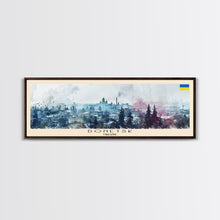 Load image into Gallery viewer, Donetsk Ukraine Panoramic Travel Poster, Framed Canvas Print or Metal Wall Art, Travel Art, Home Decor, Panoramic Painting, Midcentury Art
