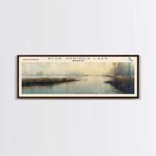 Load image into Gallery viewer, Blue Springs Lake Missouri Framed Canvas Print, Lake House Art, Panoramic Scenic View, Travel Poster, Minimalist Art, Lake Painting
