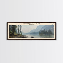 Load image into Gallery viewer, Bowman Lake Montana Framed Canvas Print, Panoramic Lake House Decor, Wall Art, Travel Poster, Rustic Lake Painting, Nature Art
