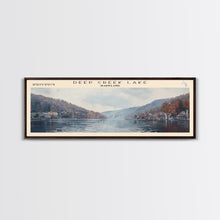 Load image into Gallery viewer, Deep Creek Lake Maryland Framed Canvas Print, Lake House Decor, Panoramic Wall Art, Travel Poster, Modern Lake Painting, Nature Art
