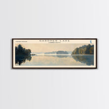 Load image into Gallery viewer, Gardner Lake Connecticut Framed Canvas Print, Lake House Art, Panoramic Wall Art, Travel Poster, Tranquil Lake Painting, Home Decor
