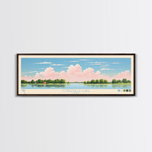 Load image into Gallery viewer, Coralville Lake Iowa Framed Canvas Print, Midcentury Modern Panoramic Wall Art, Living Room Decor, Pop Art, Travel Poster Art, Scenic Nature Painting, Lake House Decor
