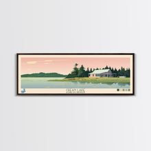 Load image into Gallery viewer, Crean Lake Saskatchewan Framed Canvas Print, Midcentury Modern Panoramic Wall Art, Living Room Decor, Pop Art, Travel Poster Art, Scenic Nature Painting, Lake House Decor
