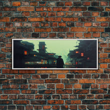 Load image into Gallery viewer, 80s style Cyberpunk Japanese City, Retro Punk Tokyo, Framed Canvas Print, Framed Wall Art, Large Panoramic Wall Decor
