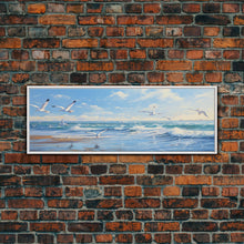 Load image into Gallery viewer, Blue Beach, Ocean Waves &amp; Seagulls Panoramic Framed Canvas Print - Perfect for Living Room, Bedroom, Office Decor
