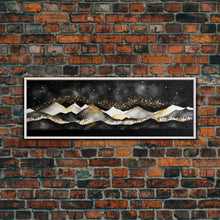 Cargar imagen en el visor de la galería, Black &amp; Gold Mountain Landscape Painting, Framed Canvas Print, Panoramic Art, Extra Wide Art, Center Piece Decor, Above Fireplace or Sofa
