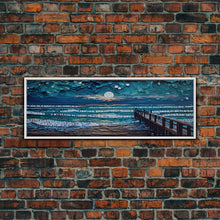 Load image into Gallery viewer, Panoramic Van Gogh Inspired Beach, Framed Canvas Print, Cool Painting, Full Moon Over Rolling Waves, Soothing Abstract Beach Decor
