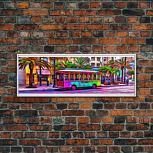Load image into Gallery viewer, Colorful Vibrant Tram Wall Art, Palm Trees Art Print, Colored Pencil Sketch, Framed Canvas, Abstract Art, Panoramic, Wall Art, Canvas Print
