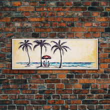 Load image into Gallery viewer, Couple In Beach Scene Art, Minimalist Beach Canvas Art Print, Palm Trees, Canvas Wall Art Beach, Panoramic, Wall Art, Canvas Print
