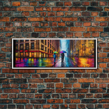 Cargar imagen en el visor de la galería, Colorful Umbrellas City Canvas Print, Large Urban Art Print, Two People Walking On Street, Vibrant Art, Panoramic, Wall Art, Canvas Print
