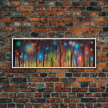 Load image into Gallery viewer, Abstract Forest Art, Woods Wall Art, Forest Art Print, Sparklers, Stars, Colorful Canvas Print, Panoramic, Wall Art, Canvas Print
