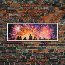 Carregar imagem no visualizador da galeria, Fireworks Over Forest Canvas Art Print, Woods, Pines Trees, Wall Decor, Framed Large Canvas Print, Panoramic, Wall Art, Canvas Print
