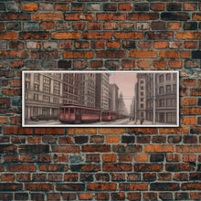 Cargar imagen en el visor de la galería, Colored Pencil Streetcar Urban Art Print, Red Train, Tram In The City, Sketch Art, City Art, Urban Print, Panoramic, Wall Art, Canvas Print
