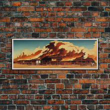 Load image into Gallery viewer, Wild West Canvas Art, Ready To Hang Canvas Print, Panoramic Art, Old West Saloon On Fire
