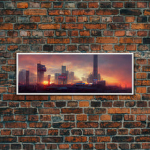 Load image into Gallery viewer, Cyberpunk Cityscape, Metropolis Art, Ready To Hang Canvas Print, Panoramic, Night City Watercolor Concept Art

