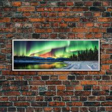 Carregar imagem no visualizador da galeria, Aurora Borealis, Northern Lights Panoramic Framed Canvas Print, Beautiful Winter Wonderland Landscape Painting
