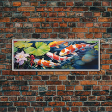 Load image into Gallery viewer, The Koi Pond Framed Canvas Print, Koi Fish Decor, Koi Fish Garden Wall Art, Koi Fish and Lilly Pads

