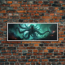 Load image into Gallery viewer, Rise Of Cthulhu Framed Canvas Print, Panoramic Call of Cthulhu H.P. Lovecraft Cosmic Horror Steampunk Gothic Darrk Art Wall Decor
