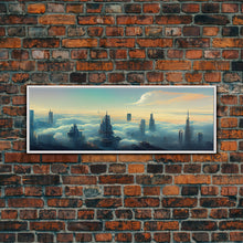 Load image into Gallery viewer, Cyberpunk City Above The Clouds, Futuristic Metropolis, Extra Large Wall Art, Framed Panoramic Canvas Print, Framed Wall Decor
