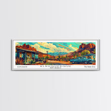 Carregar imagem no visualizador da galeria, Albuquerque New Mexico Panoramic Painting Framed Canvas Print, Mid Century Modern Art, Pop Art Style, Travel Poster, Wall Art Decor
