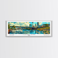 Cargar imagen en el visor de la galería, Cleveland Ohio Panoramic Wall Art Framed Canvas Print, Mid Century Modern Art, Pop Art Style, Travel Poster, Home Decor, Retro Style
