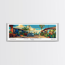 Load image into Gallery viewer, San Antonio Texas Panoramic Wall Art, Mid Century Modern Framed Canvas Print, Retro Pop Art Travel Poster, Home Decor
