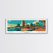 Load image into Gallery viewer, San Diego California Panoramic Painting, Retro Style Framed Canvas Print, Mid Century Modern Wall Art, Pop Art Travel Poster
