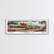Load image into Gallery viewer, Albuquerque New Mexico Panoramic Painting, Mid Century Modern Framed Canvas Print, Retro Pop Art Travel Poster, Wall Decor, Office Art
