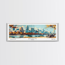 Carregar imagem no visualizador da galeria, Austin Texas Panoramic Painting, Mid Century Modern Framed Canvas Print, Retro Pop Art Travel Poster, Wall Art, Home Decor, Office Art, Gift Idea
