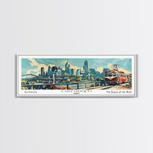 Cargar imagen en el visor de la galería, Cincinnati Ohio Panoramic Wall Art, Retro Pop Art Framed Canvas Print, Mid Century Modern Travel Poster, Living Room Decor, Wall Hanging, Office Art
