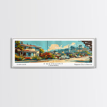 Load image into Gallery viewer, Fremont California Panoramic Painting, Mid Century Modern Framed Canvas Print, Retro Pop Art Travel Poster, Wall Decor, Gift Idea, Home Decor
