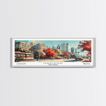 Load image into Gallery viewer, Madison Wisconsin Panoramic Painting, Mid Century Modern Framed Canvas Print, Retro Pop Art Travel Poster, Wall Art, Home Decor, Office Wall Art, Living Room Decor
