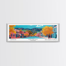 Carregar imagem no visualizador da galeria, Arvada Colorado Panoramic Painting, Mid Century Modern Framed Canvas Print, Retro Pop Art Travel Poster, Living Room Wall Art, City Print
