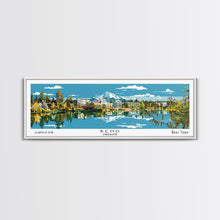 Load image into Gallery viewer, Bend Oregon Panoramic Painting, Mid Century Modern Framed Canvas Print, Retro Pop Art Travel Poster, City Wall Art Decor, Office Art
