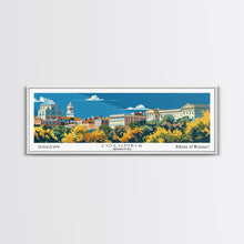 Load image into Gallery viewer, Columbia Missouri Panoramic Wall Art, Mid Century Modern Framed Canvas Print, Retro Pop Art Travel Poster, City Home Decor, Office Wall Art
