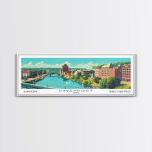 Load image into Gallery viewer, Davenport Iowa Panoramic Wall Art, Mid Century Modern Framed Canvas Print, Retro Pop Art Travel Poster, City Art Gift, Home Decor
