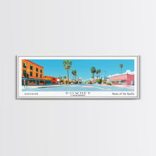 Load image into Gallery viewer, Downey California Panoramic Wall Art, Mid Century Modern Framed Canvas Print, Retro Pop Art Travel Poster, City Living Room Decor, Home Decor
