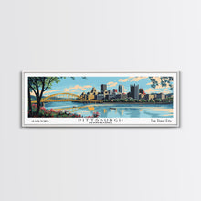 Cargar imagen en el visor de la galería, Pittsburgh Pennsylvania Panoramic Wall Art, Mid Century Modern Framed Canvas Print, Retro Pop Art Travel Poster, City Art, Office Wall Decor, Living Room Art
