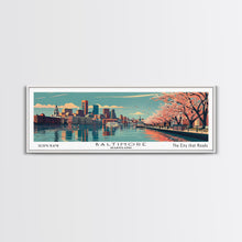 Load image into Gallery viewer, Baltimore Maryland Panoramic Painting, Framed Canvas Print, Mid Century Modern Wall Art, Retro Pop Art Travel Poster, Home Decor, City Art
