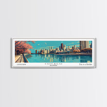 Cargar imagen en el visor de la galería, Chicago Illinois Panoramic Painting, Framed Canvas Print, Mid Century Modern Wall Art, Retro Pop Art Travel Poster, Office Decor, City Art
