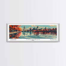 Load image into Gallery viewer, Columbus Ohio Panoramic Painting, Framed Canvas Print, Mid Century Modern Wall Art, Retro Pop Art Travel Poster, Living Room Decor, City Art
