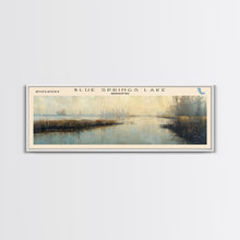 Load image into Gallery viewer, Blue Springs Lake Missouri Framed Canvas Print, Lake House Art, Panoramic Scenic View, Travel Poster, Minimalist Art, Lake Painting
