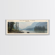 Load image into Gallery viewer, Bowman Lake Montana Framed Canvas Print, Panoramic Lake House Decor, Wall Art, Travel Poster, Rustic Lake Painting, Nature Art
