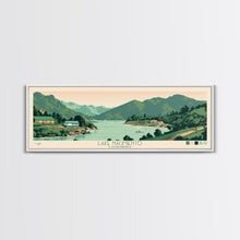 Load image into Gallery viewer, Lake Nacimiento California Framed Canvas Print, Panoramic Wall Art, Midcentury Modern, Pop Art, Living Room Decor, Travel Poster, Lake House Art
