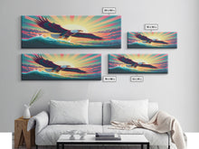 Carregar imagem no visualizador da galeria, American Bald Eagle, Panoramic Wall Art, Framed Canvas, Retro Style Eagle Painting, Synthwave Ocean Sunset Art
