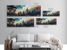 Cargar imagen en el visor de la galería, Extra large 24 x 72 wall art, framed canvas print, abstract pine tree forest painting, painting of a forest fire against a starry night sky

