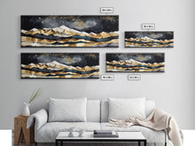 Carregar imagem no visualizador da galeria, Black &amp; Gold Mountain Landscape Painting, Framed Canvas Print, Panoramic Art, Extra Wide Art, Center Piece Decor, Above Fireplace or Sofa
