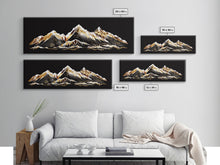 Carregar imagem no visualizador da galeria, Black &amp; Gold Mountain Landscape Painting, Framed Canvas Print, Panoramic Art, Extra Wide Art, Center Piece Decor, 24 x 72 Art, Huge Art
